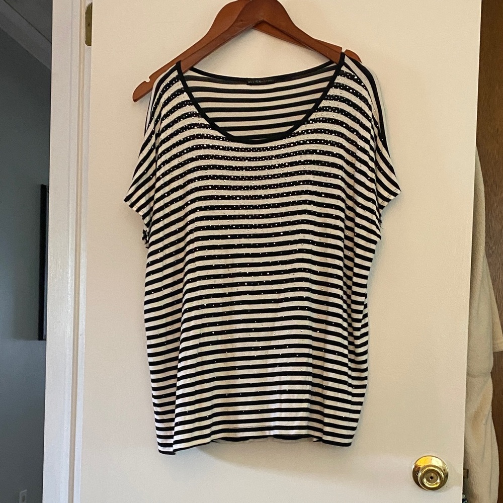 Design History Black & White Striped Scoop Neck Top with Stud Accents